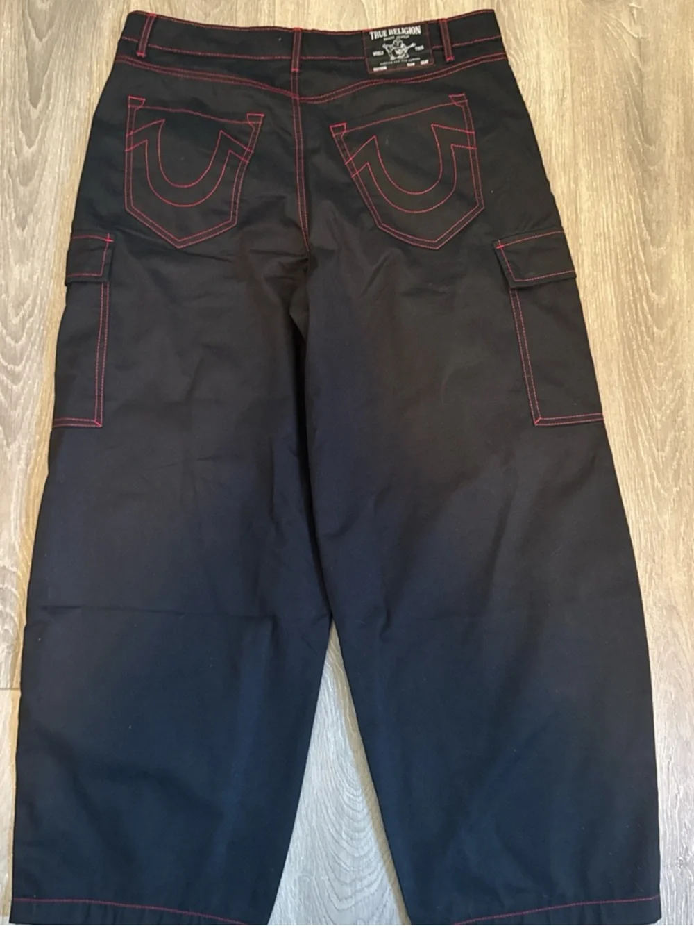 Men's Black Cargo Pants with Red Stitching - Picture 2 of 3